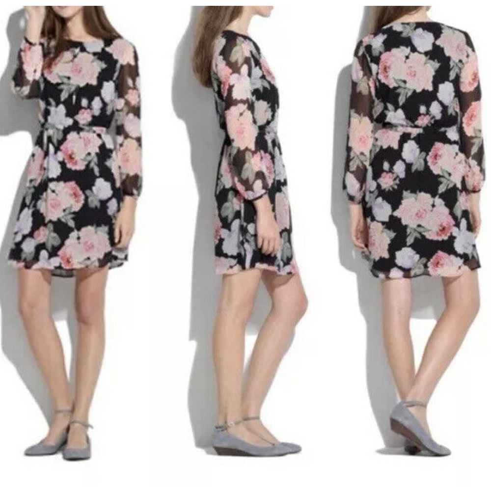 Broadway & Broome Sz 8 Boutique Black Pink Floral Women Shift Dress Sheer Sleeve